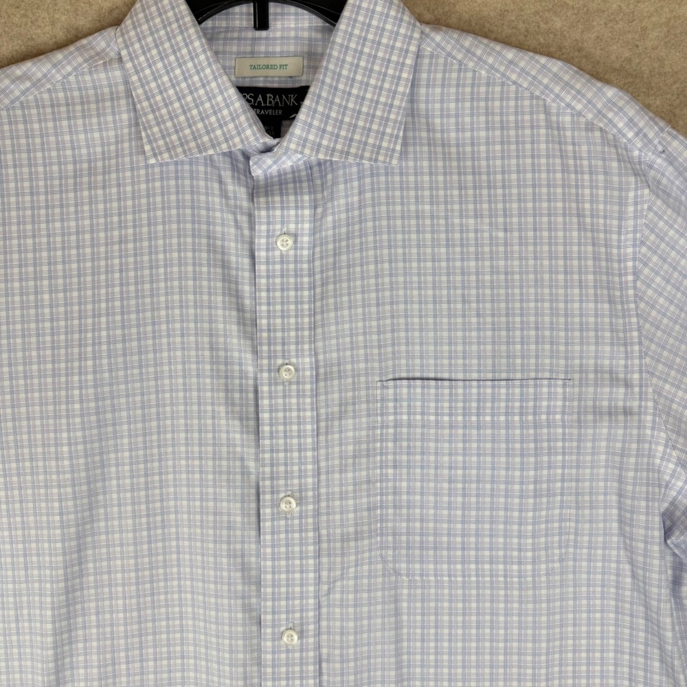 Jos. A. Bank Traveler Dress Shirt 16.5 32/33 Plaid Blue White Tailored Fit